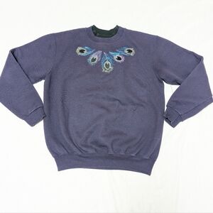 Grannycore Purple Mock Neck Embroidered Peacock Feather Rhinestone Sweatshirt
